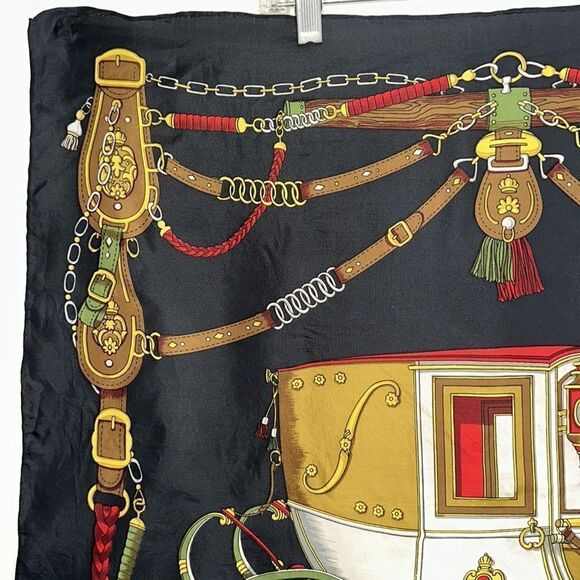 Vintage 80s or 90s black silk square scarf with a carriage print - Picture 2 of 8